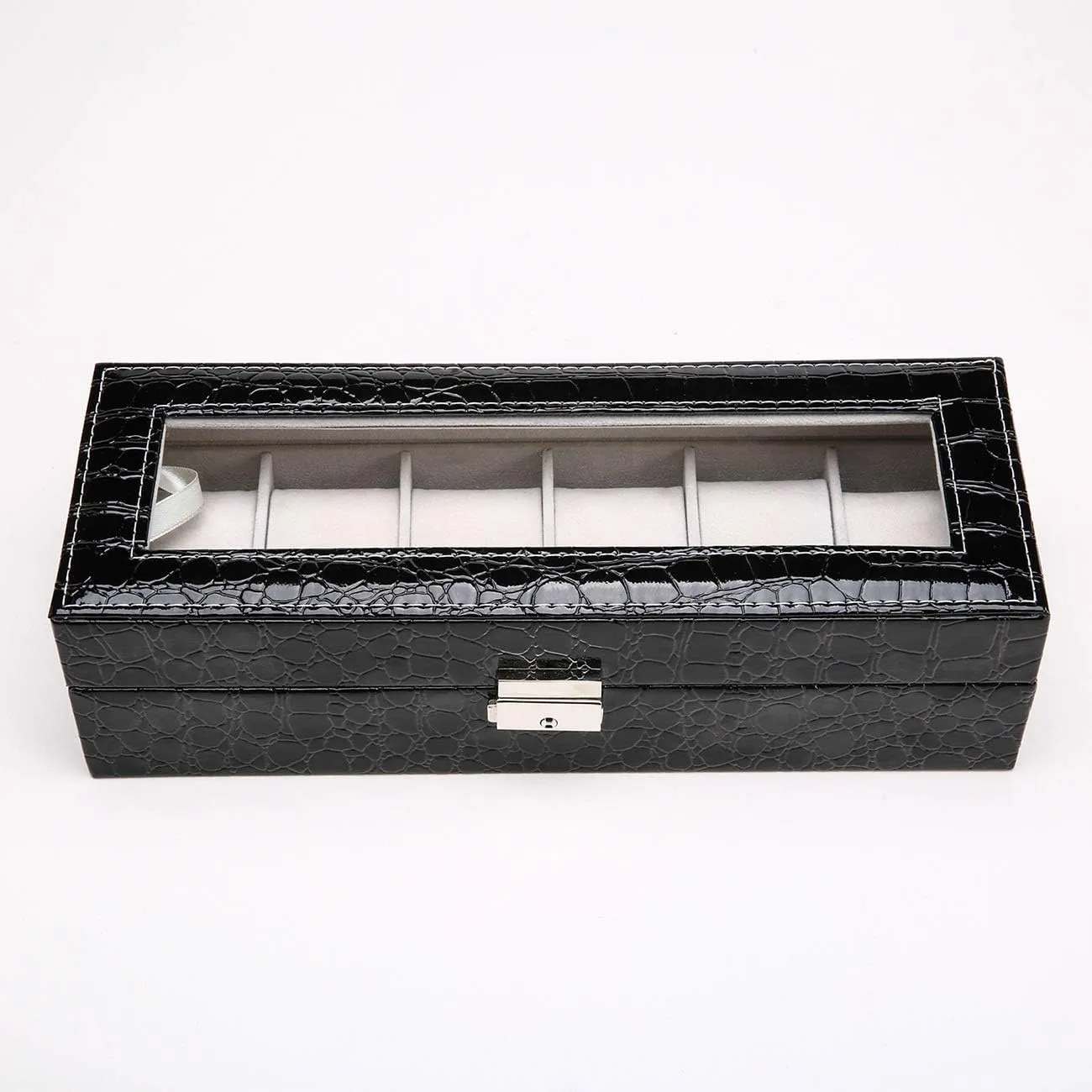 Elegant Leather Watch Box Organizer for Men Women with 6 Slots, Transparent top, Portable Watch Holder Mens Watches Case Storage Best Gift for The Husband, (Black,30x 11 x 8cm)