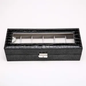 Elegant Leather Watch Box Organizer for Men Women with 6 Slots, Transparent top, Portable Watch Holder Mens Watches Case Storage Best Gift for The Husband, (Black,30x 11 x 8cm)