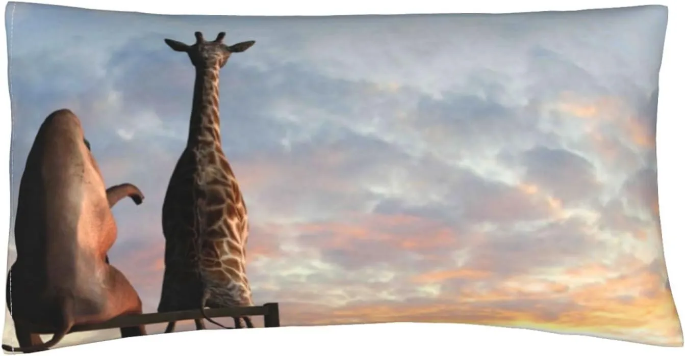 Elephant Giraffe On A Mountain Top Sunset Pillow Covers Luxurious Queen Size 20" x 36" Ultra Soft Envelope Closure Pillow Cases Revitalise Your Bedding and Enjoy a Fantastic Night Sleep