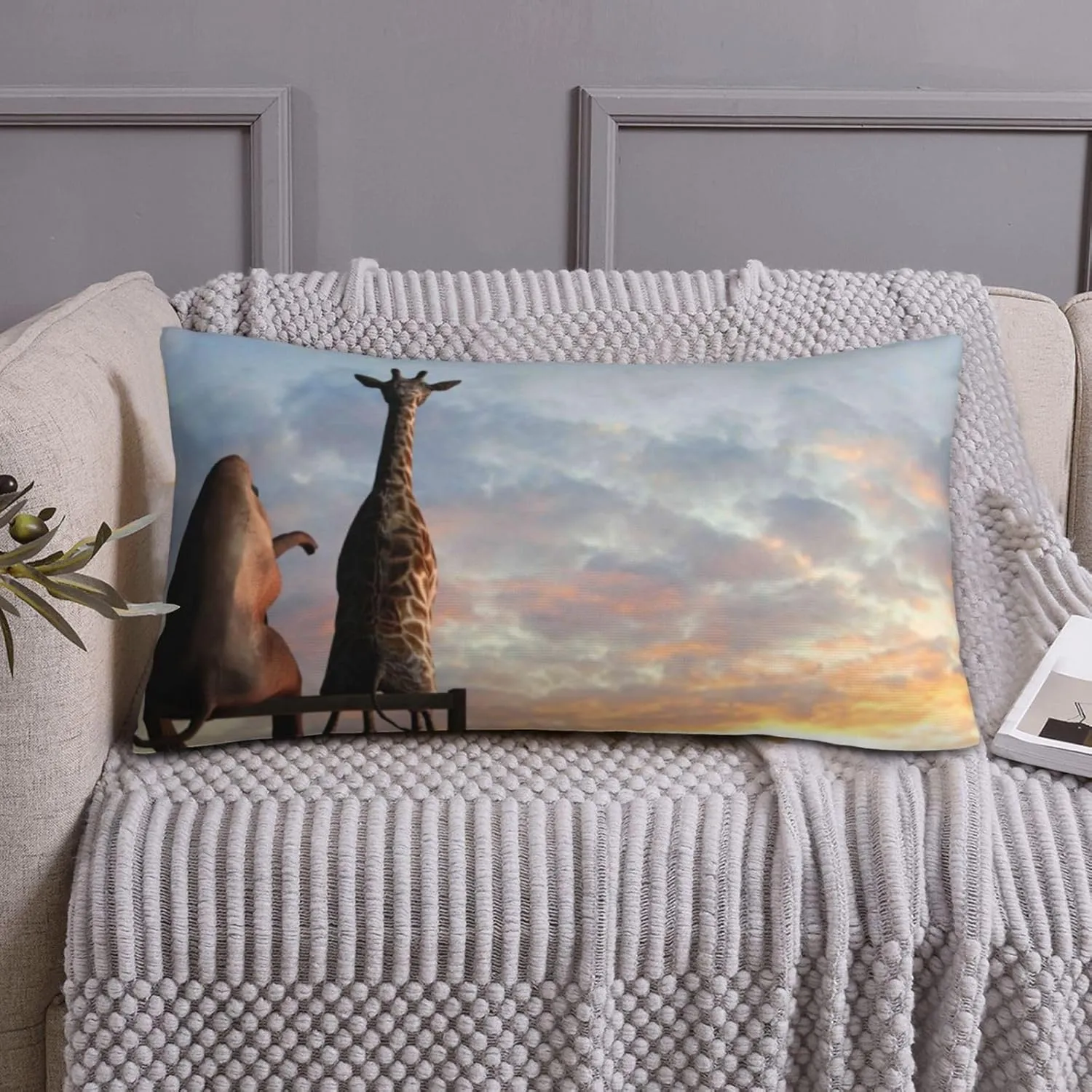 Elephant Giraffe On A Mountain Top Sunset Pillow Covers Luxurious Queen Size 20" x 36" Ultra Soft Envelope Closure Pillow Cases Revitalise Your Bedding and Enjoy a Fantastic Night Sleep