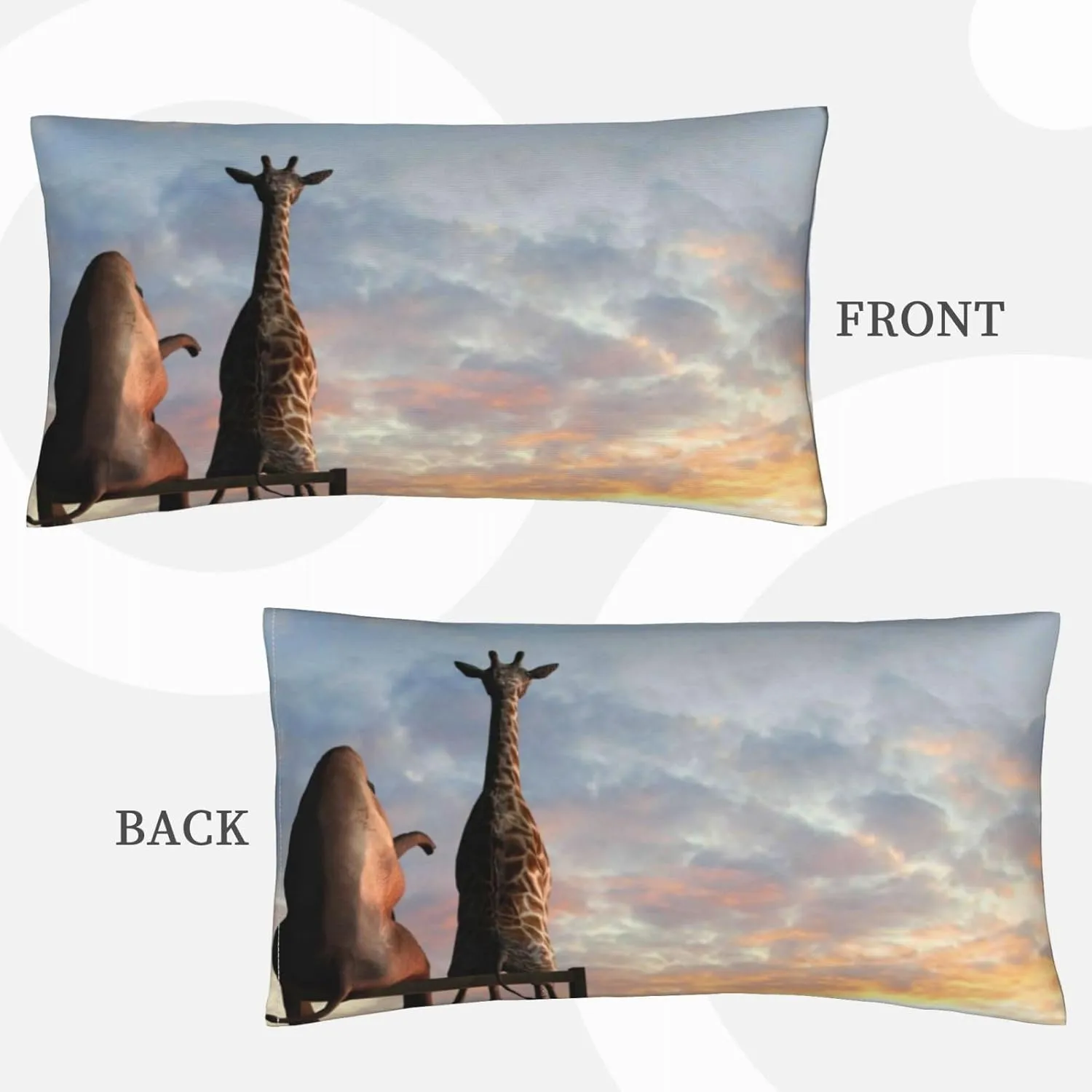 Elephant Giraffe On A Mountain Top Sunset Pillow Covers Luxurious Queen Size 20" x 36" Ultra Soft Envelope Closure Pillow Cases Revitalise Your Bedding and Enjoy a Fantastic Night Sleep