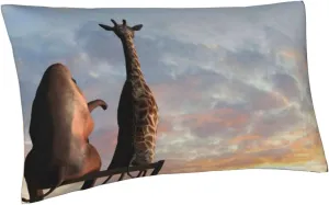 Elephant Giraffe On A Mountain Top Sunset Pillow Covers Luxurious Queen Size 20" x 36" Ultra Soft Envelope Closure Pillow Cases Revitalise Your Bedding and Enjoy a Fantastic Night Sleep