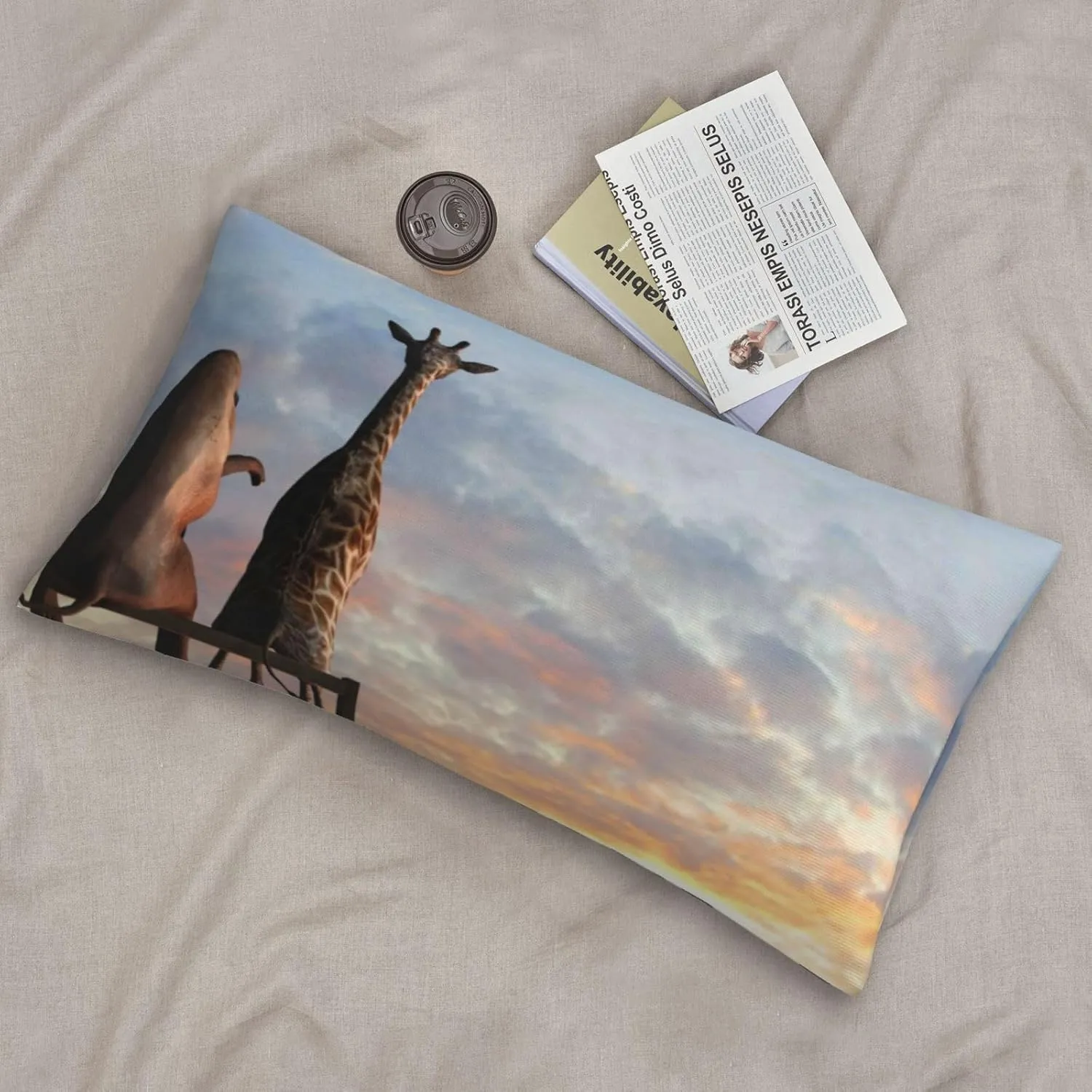 Elephant Giraffe On A Mountain Top Sunset Pillow Covers Luxurious Queen Size 20" x 36" Ultra Soft Envelope Closure Pillow Cases Revitalise Your Bedding and Enjoy a Fantastic Night Sleep