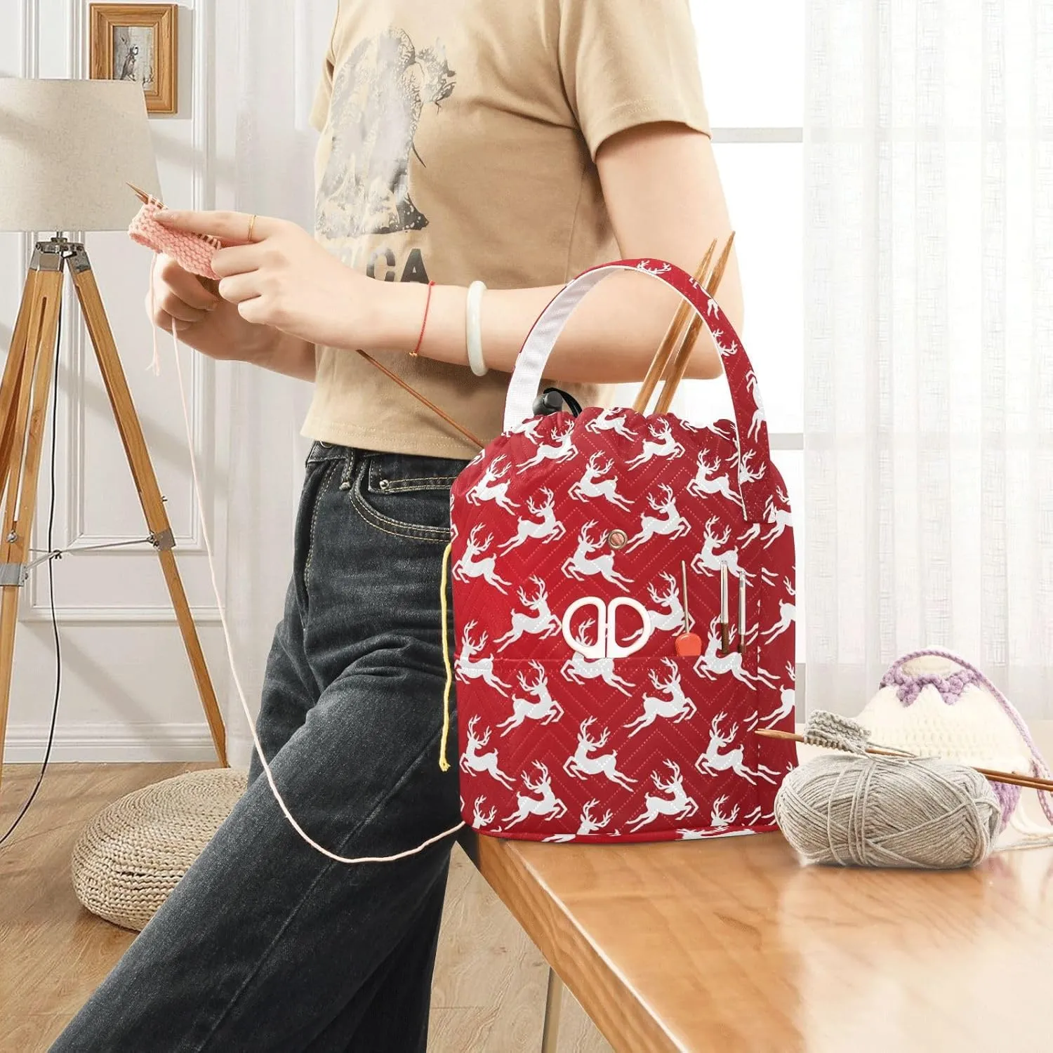 ElliTarr Crochet Bag Yarn Bag with Handle Portable Knitting Project Bag Travel Yarn Storage Organizer Holder Case Christmas Reindeer Red