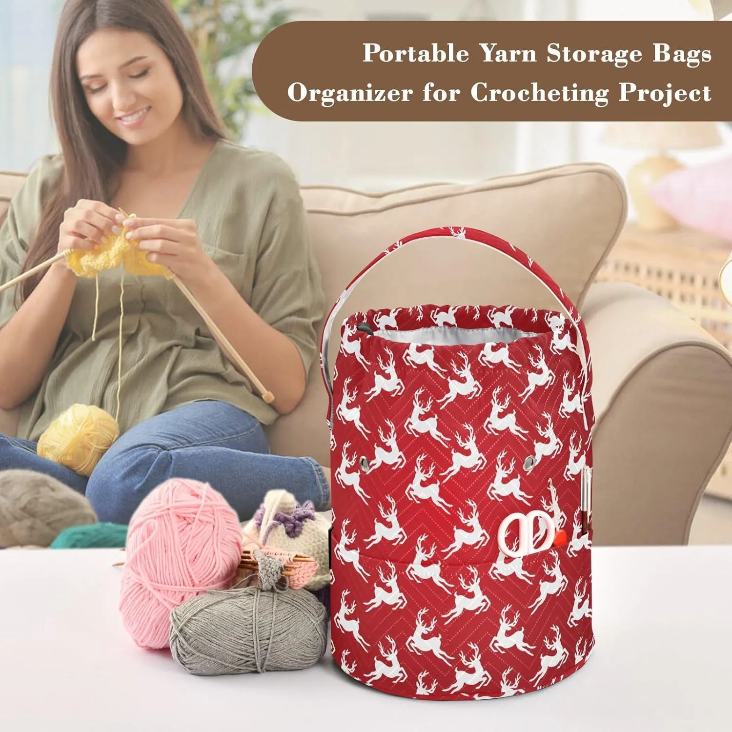 ElliTarr Crochet Bag Yarn Bag with Handle Portable Knitting Project Bag Travel Yarn Storage Organizer Holder Case Christmas Reindeer Red
