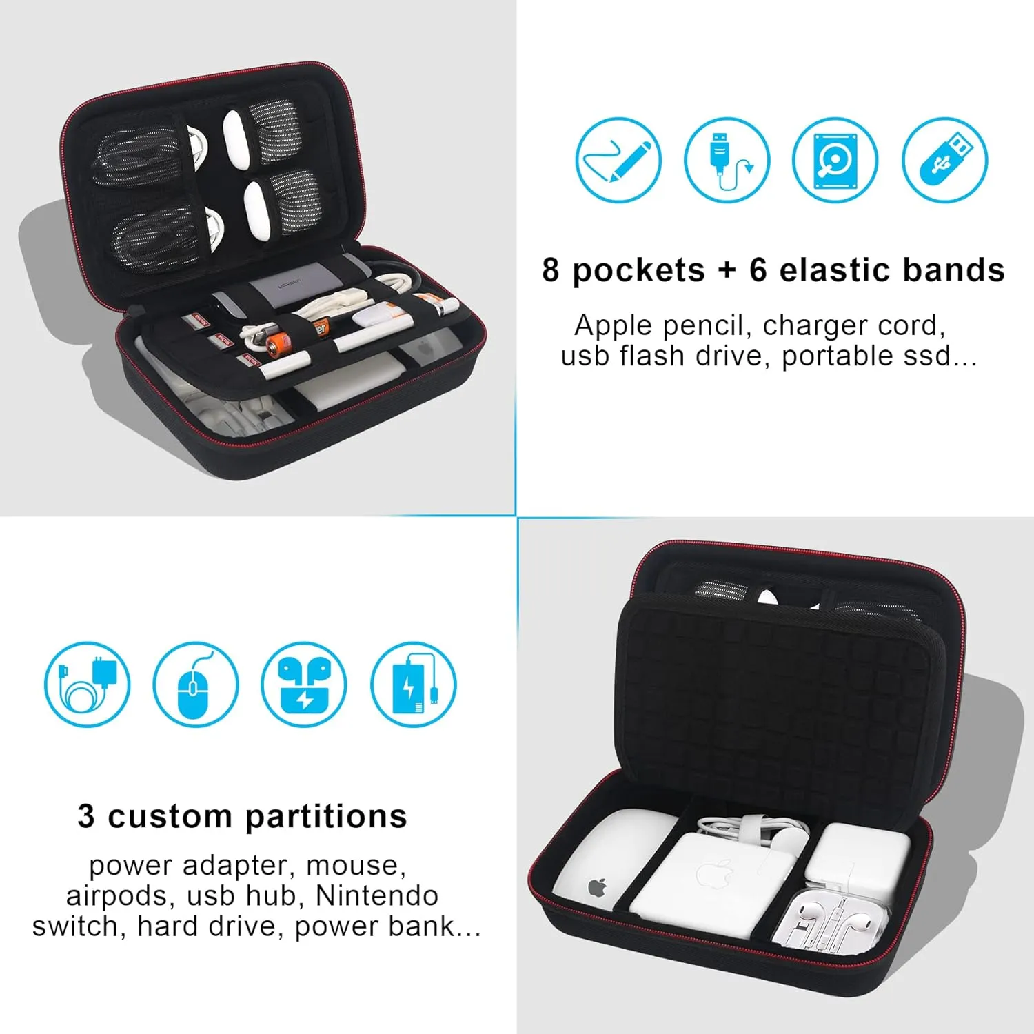 Elonbo Hard Travel Cords Organizer Universal Small Electronic Accessories Carrying Case for Chargers Cables MacBook Adapter Magic Mouse Apple Pencil USB Flash Disk Tech Portable Storage Bag, Black