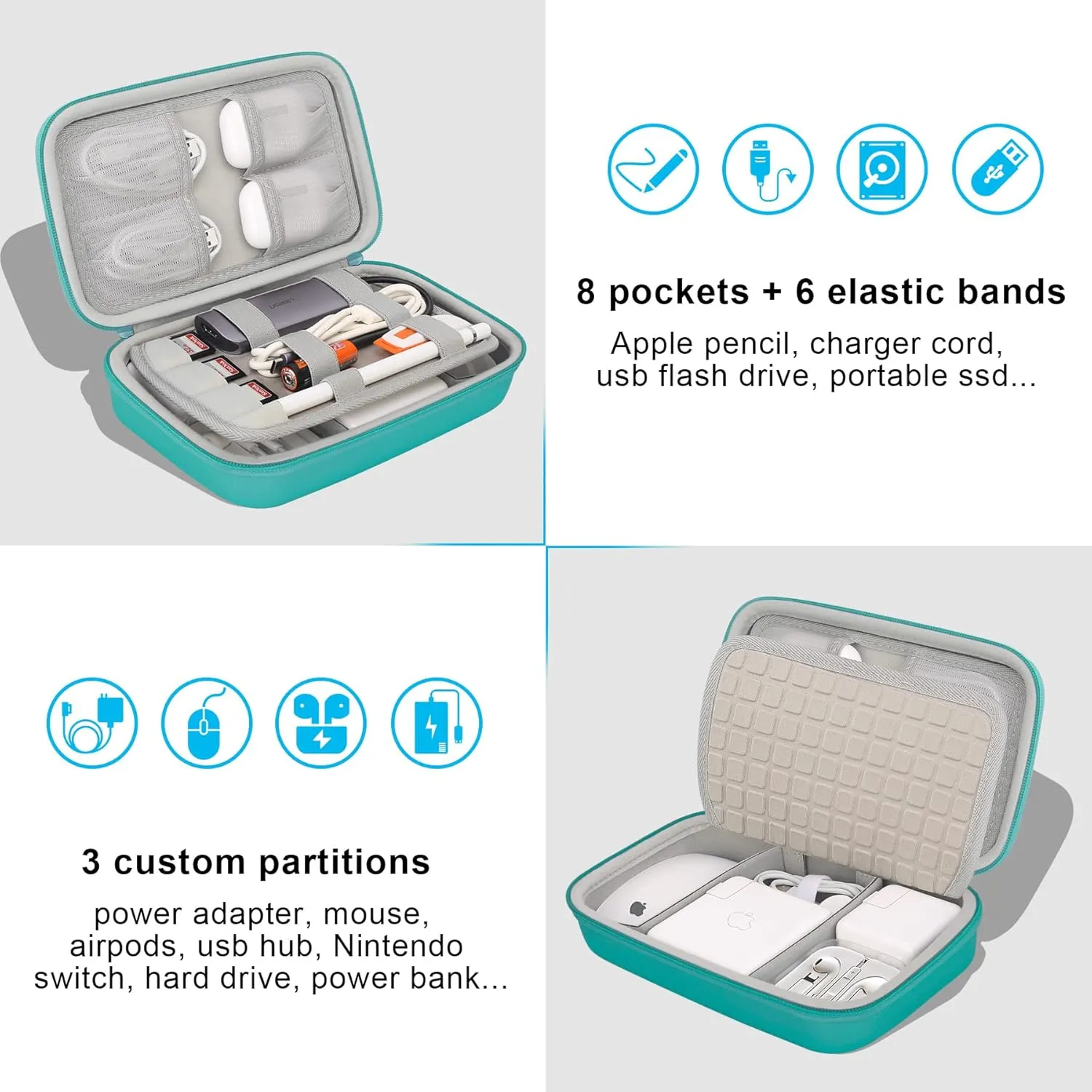 Elonbo Hard Travel Cords Organizer Universal Small Electronic Accessories Carrying Case for Chargers Cables MacBook Adapter Magic Mouse Apple Pencil USB Flash Disk Tech Portable Storage Bag,Turquoise