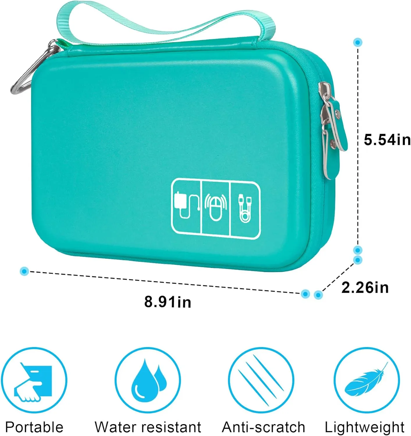 Elonbo Hard Travel Cords Organizer Universal Small Electronic Accessories Carrying Case for Chargers Cables MacBook Adapter Magic Mouse Apple Pencil USB Flash Disk Tech Portable Storage Bag,Turquoise