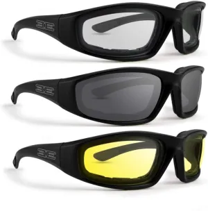 Epoch Eyewear 3 Pairs of Foam Padded Motorcycle Sunglasses - Black Frames with Smoke, Clear and Yellow Lenses