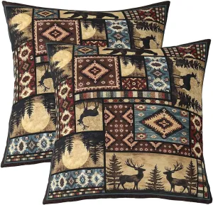 Erosebridal Set of 2 Rustic Bear Throw Pillow Covers 18x18 Inch,Buffalo Grid Pillow Covers,Hunting Deer Farmhouse Cabin Decorative Square Pillow Cases,Southwest Aztec Tribal Cushion Cases,Brown Red