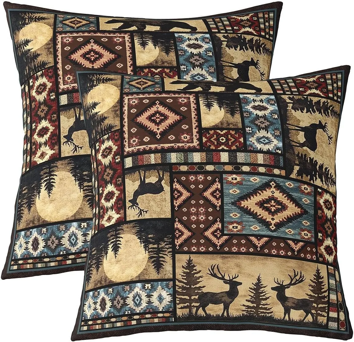 Erosebridal Set of 2 Rustic Bear Throw Pillow Covers 18x18 Inch,Buffalo Grid Pillow Covers,Hunting Deer Farmhouse Cabin Decorative Square Pillow Cases,Southwest Aztec Tribal Cushion Cases,Brown Red