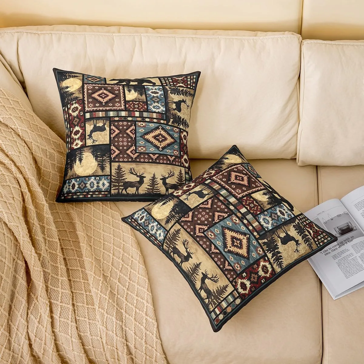 Erosebridal Set of 2 Rustic Bear Throw Pillow Covers 18x18 Inch,Buffalo Grid Pillow Covers,Hunting Deer Farmhouse Cabin Decorative Square Pillow Cases,Southwest Aztec Tribal Cushion Cases,Brown Red