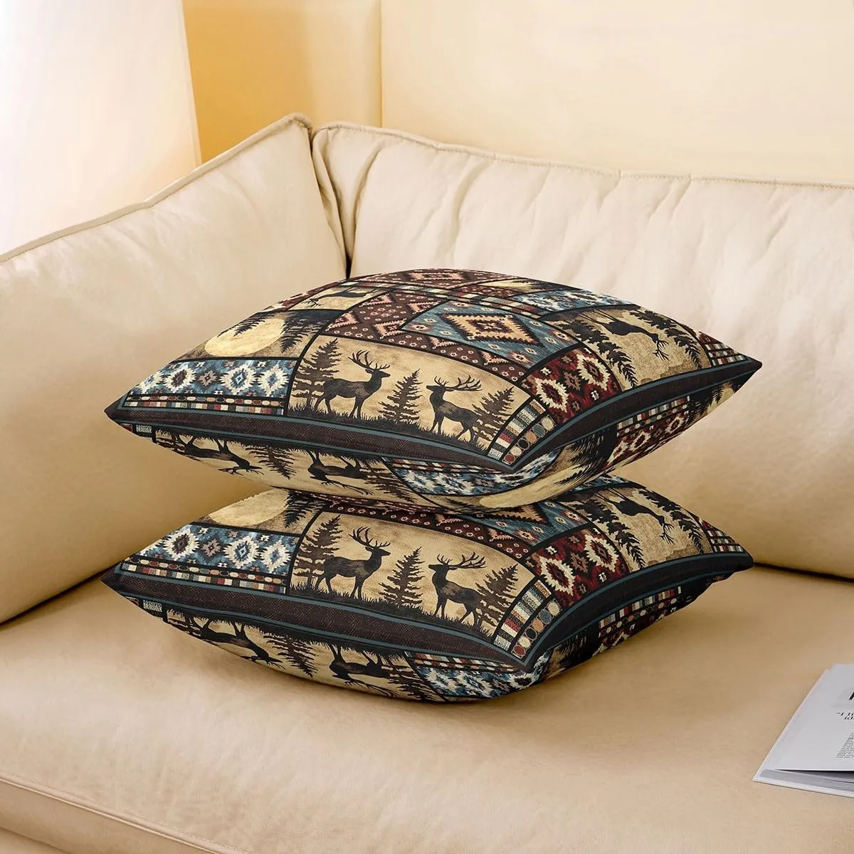 Erosebridal Set of 2 Rustic Bear Throw Pillow Covers 18x18 Inch,Buffalo Grid Pillow Covers,Hunting Deer Farmhouse Cabin Decorative Square Pillow Cases,Southwest Aztec Tribal Cushion Cases,Brown Red