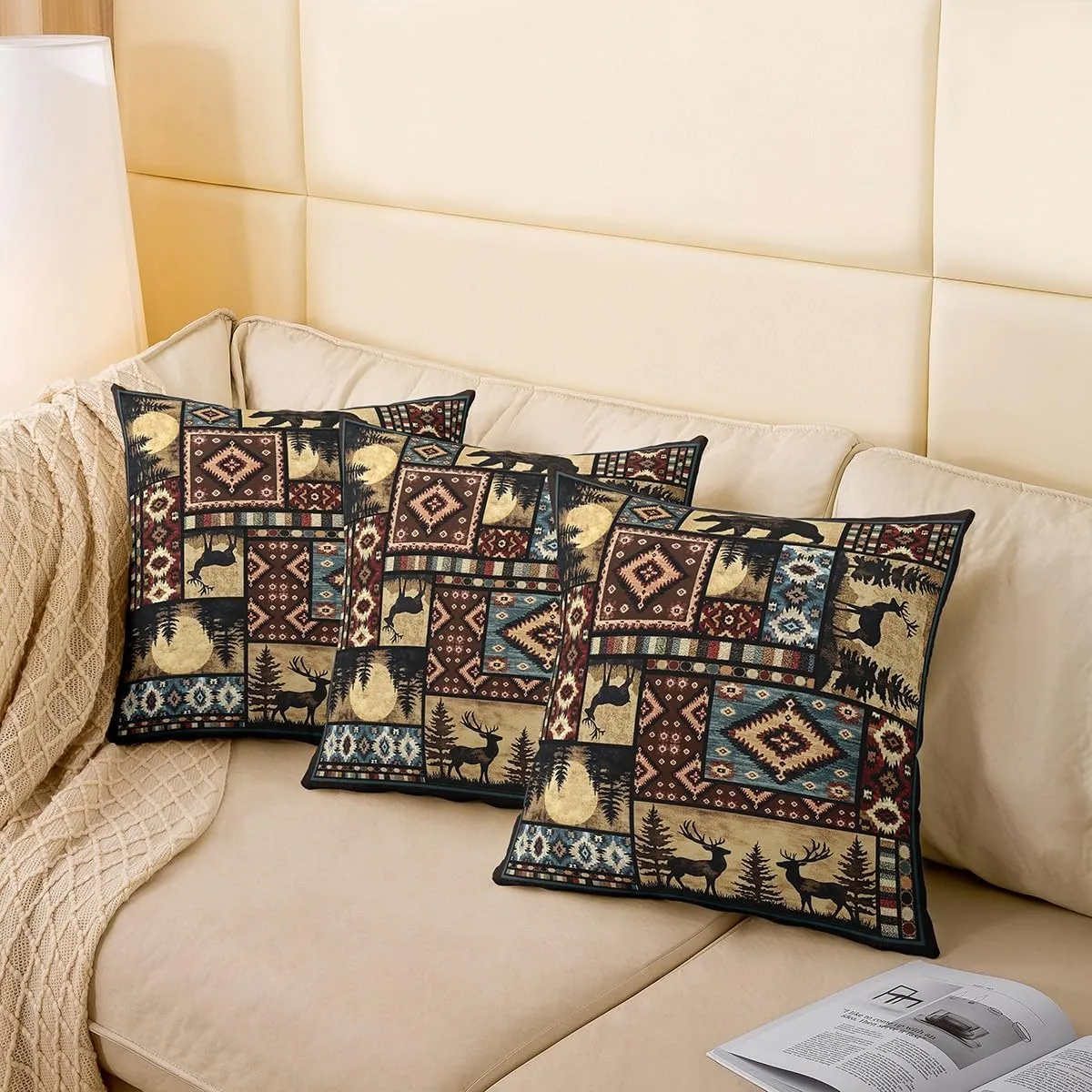Erosebridal Set of 2 Rustic Bear Throw Pillow Covers 18x18 Inch,Buffalo Grid Pillow Covers,Hunting Deer Farmhouse Cabin Decorative Square Pillow Cases,Southwest Aztec Tribal Cushion Cases,Brown Red