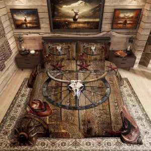 Erosebridal Western Decor Comforter Set Queen Size, Cow Skull Cowboy Boots Hat Quilt for Kids Boys Teens Adult, Texas Star Wagon Wheel Barn Door Bedding Set Country Rustic Farmhouse Down Comforter
