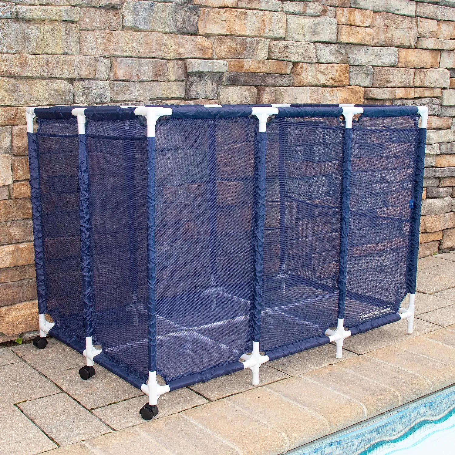 Essentially Yours Pool Noodles Holder, Toys, Floats, Balls and Floats Equipment Mesh Rolling Storage Organizer Bin, Extra-Large, (47.2" W x 30.2" L x 34" H), Blue/White Style 455119