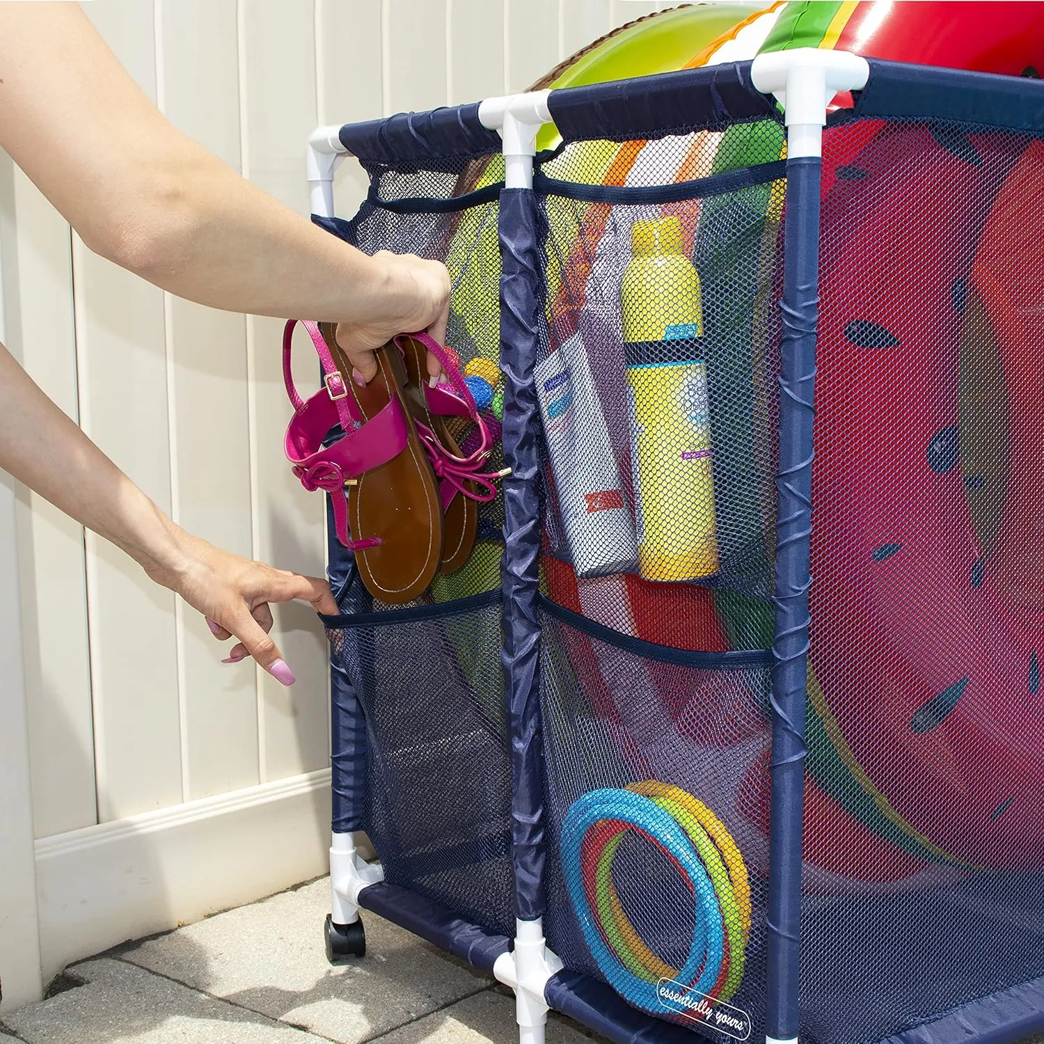 Essentially Yours Pool Noodles Holder, Toys, Floats, Balls and Floats Equipment Mesh Rolling Storage Organizer Bin, Extra-Large, (47.2" W x 30.2" L x 34" H), Blue/White Style 455119