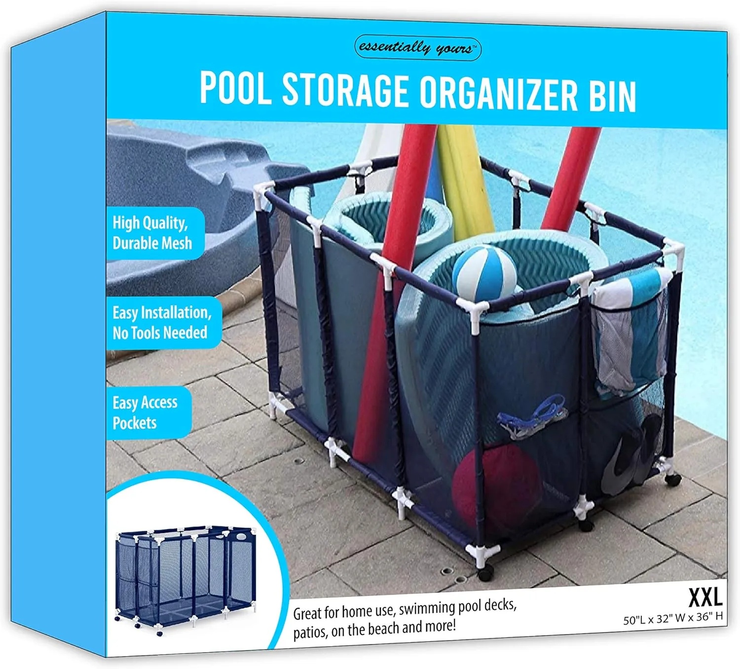 Essentially Yours Pool Noodles Holder, Toys, Floats, Balls and Floats Equipment Mesh Rolling Storage Organizer Bin, Extra-Large, (47.2" W x 30.2" L x 34" H), Blue/White Style 455119