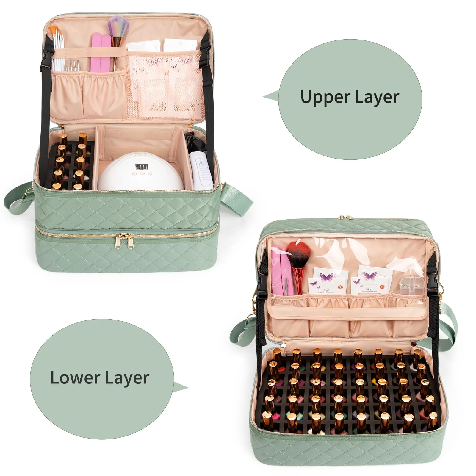 Ethereal Nail Polish Organizer Case Holds 40-50 Bottles(15ml/0.5fl.oz) and Nail Lamp, Double Layer Nail Polish Storage Bag for Nail Kit, Manicure Tools, Green