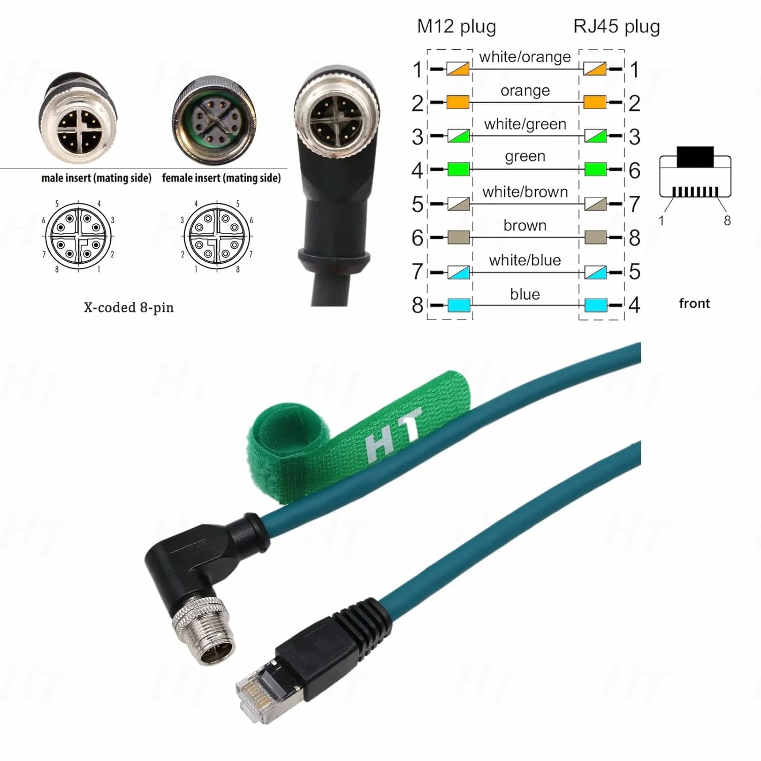 Ethernet Network Cable, for Cognex Baumer Basler Sick Vision Camera Sensor Barcode Reader, Right Angle M12 8 Pin X-Coded Male to RJ45 CAT7e (10m)