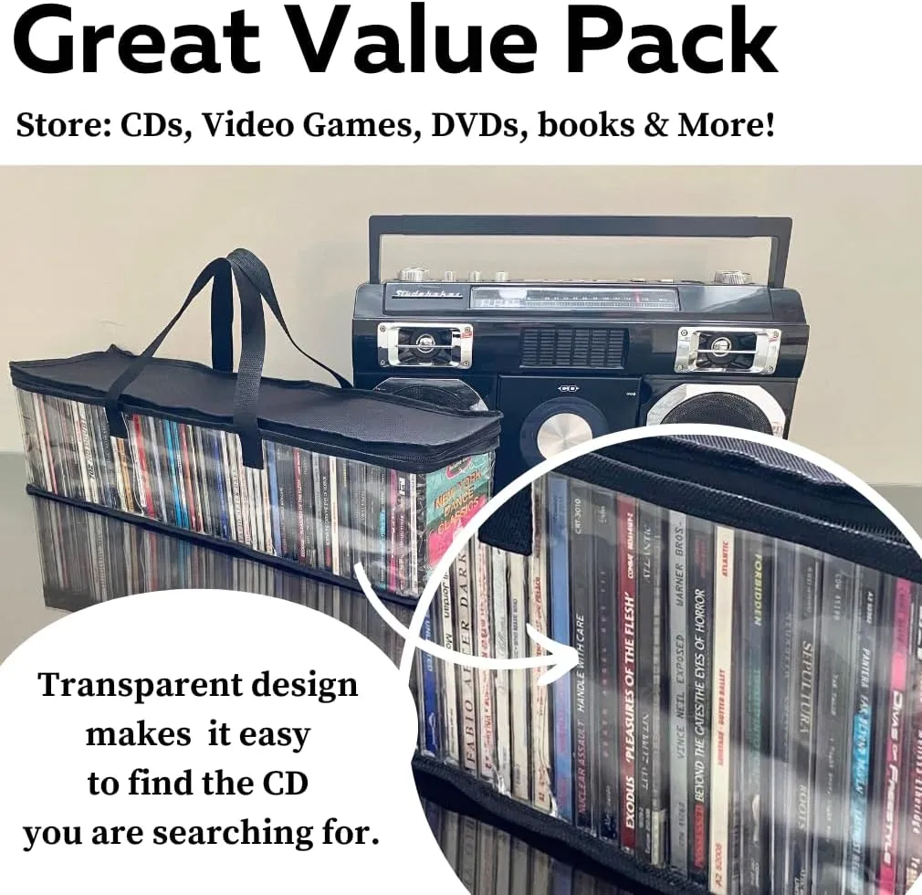 Evelots CD Storage Bags (8 Pack) Clear PVC Plastic Media Carrying Case with Zipper - Holds 400 CDs Total - Strong Handles - Protects CDs, Video Games, Music from Dirt & Moisture