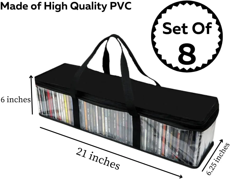 Evelots CD Storage Bags (8 Pack) Clear PVC Plastic Media Carrying Case with Zipper - Holds 400 CDs Total - Strong Handles - Protects CDs, Video Games, Music from Dirt & Moisture