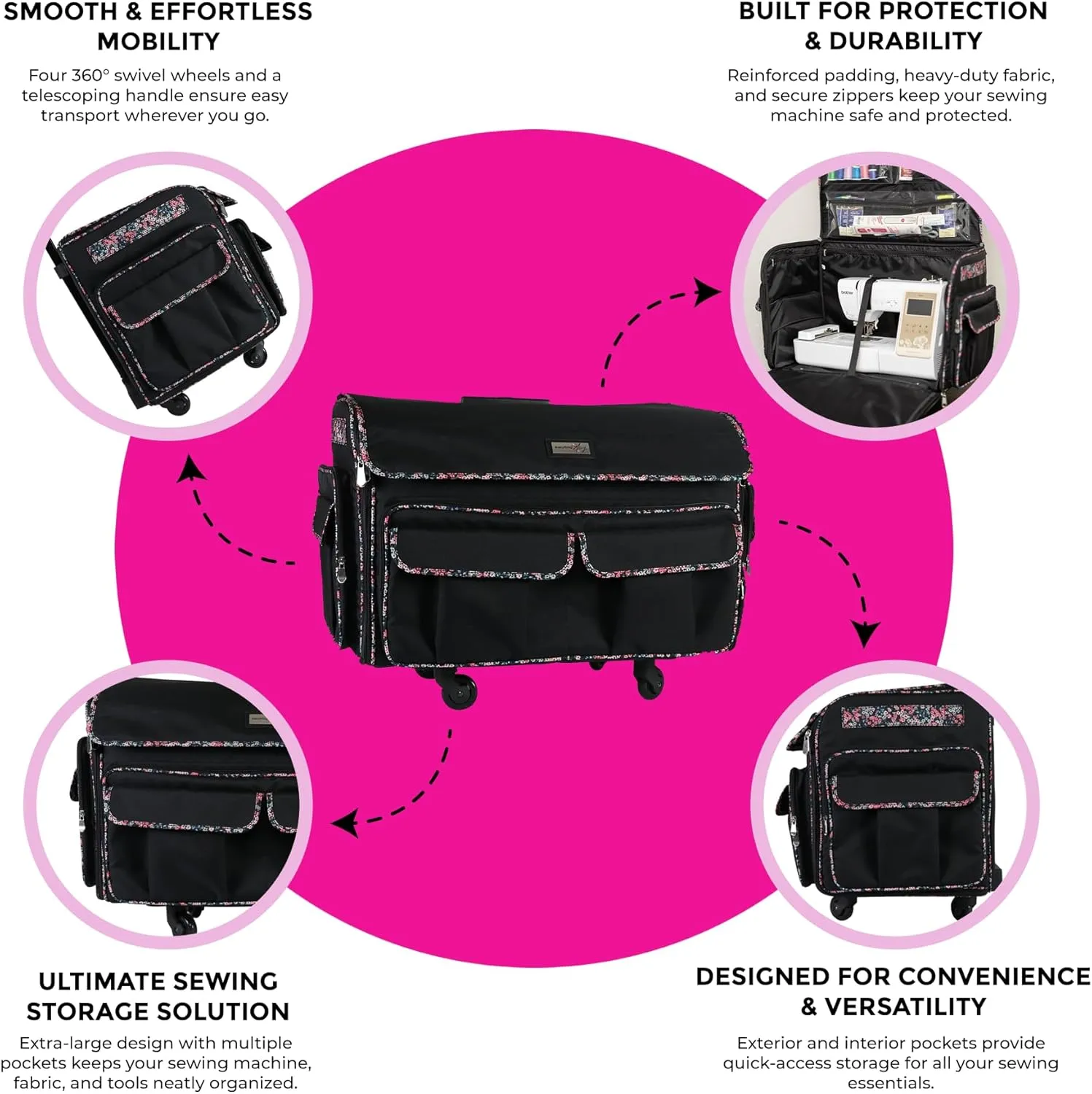 Everything Mary XXL Rolling Sewing Tote Sewing Machine Case, Black Floral - Rolling Carrying Storage Cover for Large Brother and Singer Machines - Universal Travel & Craft Tote Bag