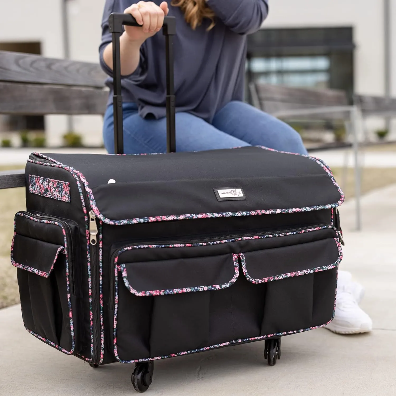 Everything Mary XXL Rolling Sewing Tote Sewing Machine Case, Black Floral - Rolling Carrying Storage Cover for Large Brother and Singer Machines - Universal Travel & Craft Tote Bag