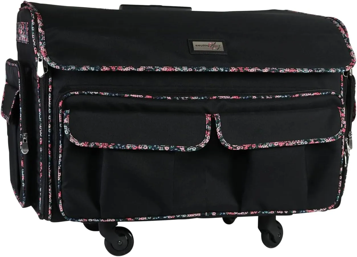 Everything Mary XXL Rolling Sewing Tote Sewing Machine Case, Black Floral - Rolling Carrying Storage Cover for Large Brother and Singer Machines - Universal Travel & Craft Tote Bag