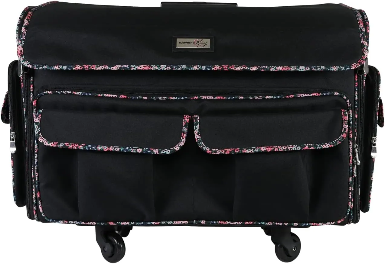 Everything Mary XXL Rolling Sewing Tote Sewing Machine Case, Black Floral - Rolling Carrying Storage Cover for Large Brother and Singer Machines - Universal Travel & Craft Tote Bag