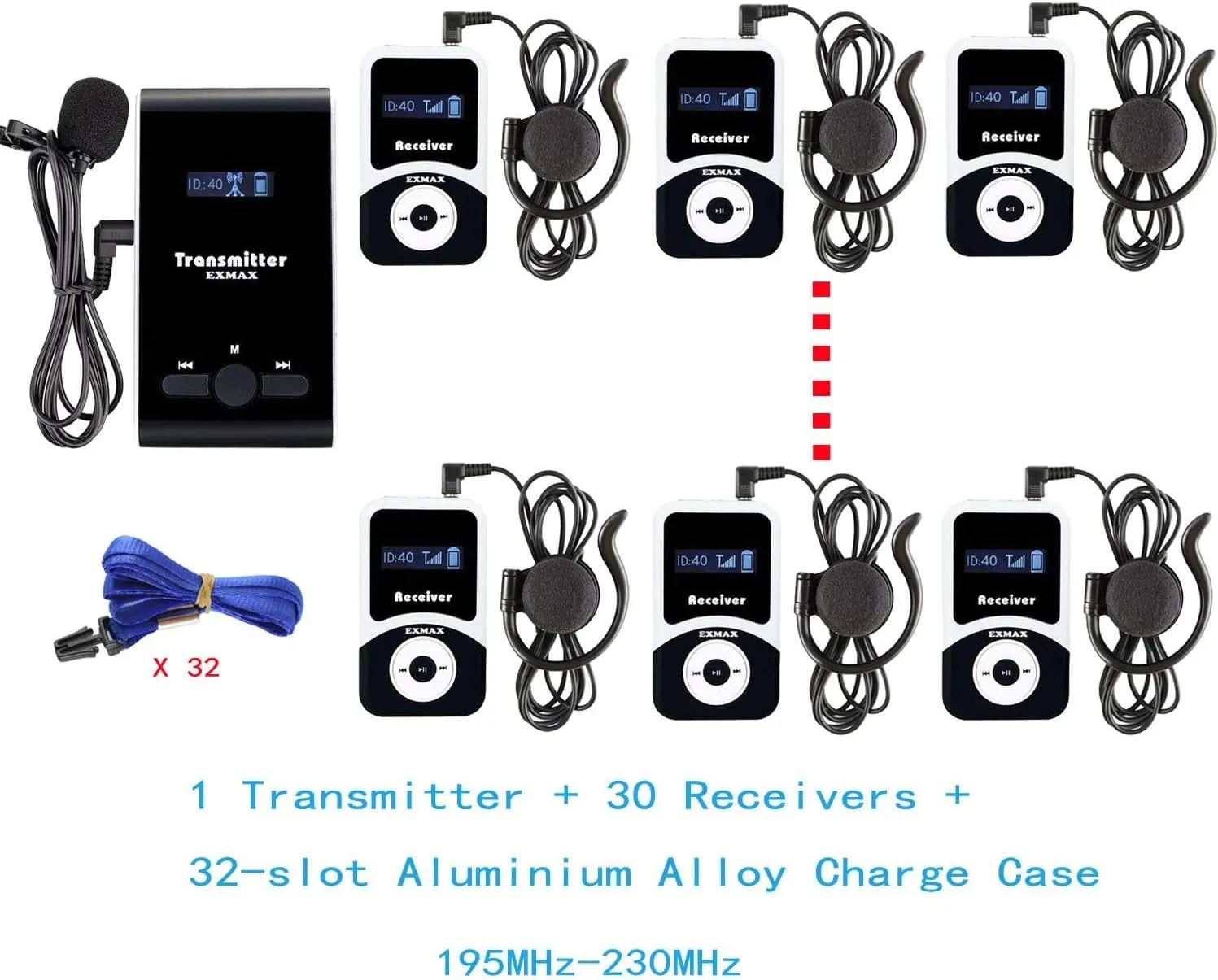 EXMAX ATG-100T 195MHz Wireless Tour Guide System Voice Audio Transmission  32-Slot Charge Case for School Teaching Tour Guides Conference Church Translation City Trip(2 Transmitters and 30 Receivers)