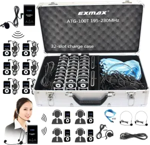EXMAX ATG-100T 195MHz Wireless Tour Guide System Voice Audio Transmission  32-Slot Charge Case for School Teaching Tour Guides Conference Church Translation City Trip(2 Transmitters and 30 Receivers)