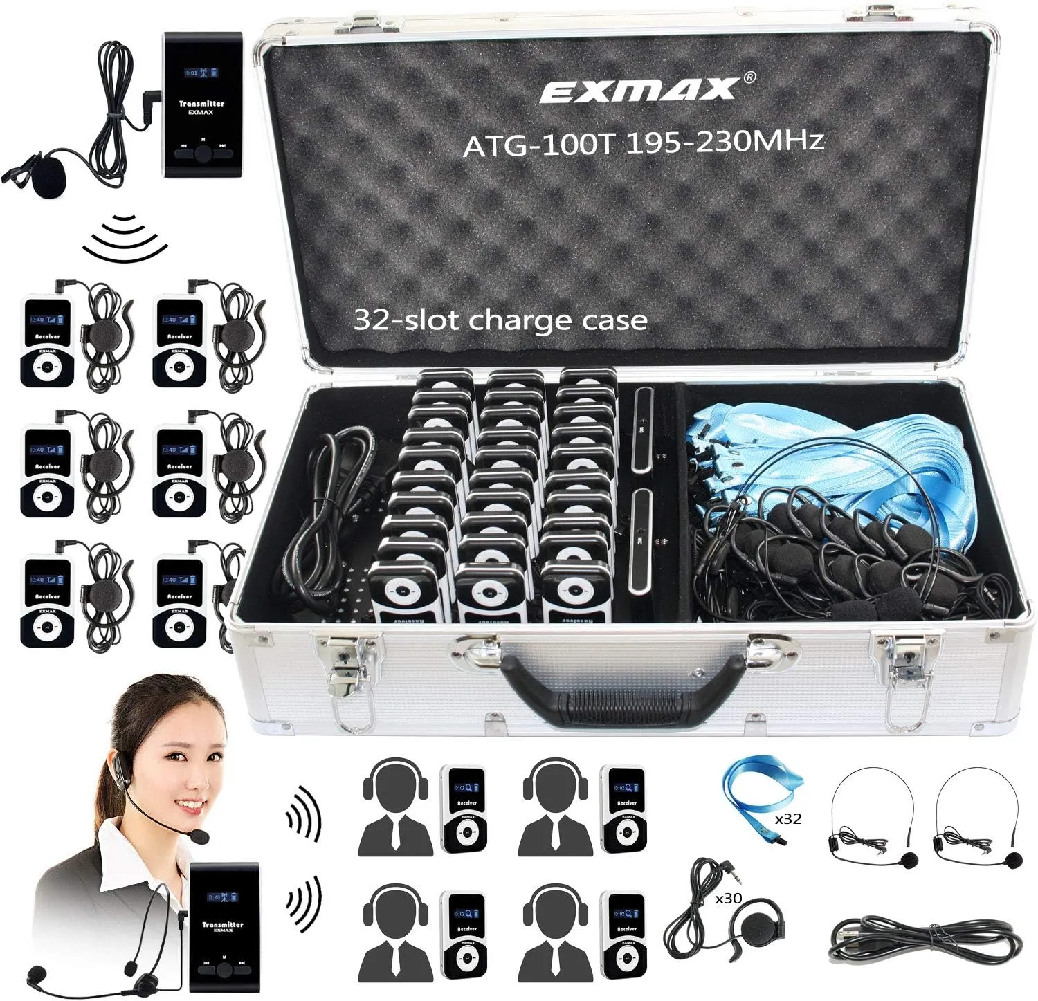 EXMAX ATG-100T 195MHz Wireless Tour Guide System Voice Audio Transmission  32-Slot Charge Case for School Teaching Tour Guides Conference Church Translation City Trip(2 Transmitters and 30 Receivers)