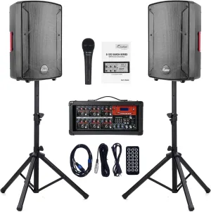 EXOTON S-1202 12inch 2000W Bluetooth PA System with Powered Mixer Set, Passive Speakers with 6 Channel Mixer/Stands/Mic/Effect Controller/ 48V Phantom Power,for Indoor&Outdoor