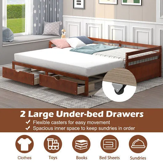 Extendable Twin to King Daybed with Trundle and 2 Storage Drawers - Color: Brown