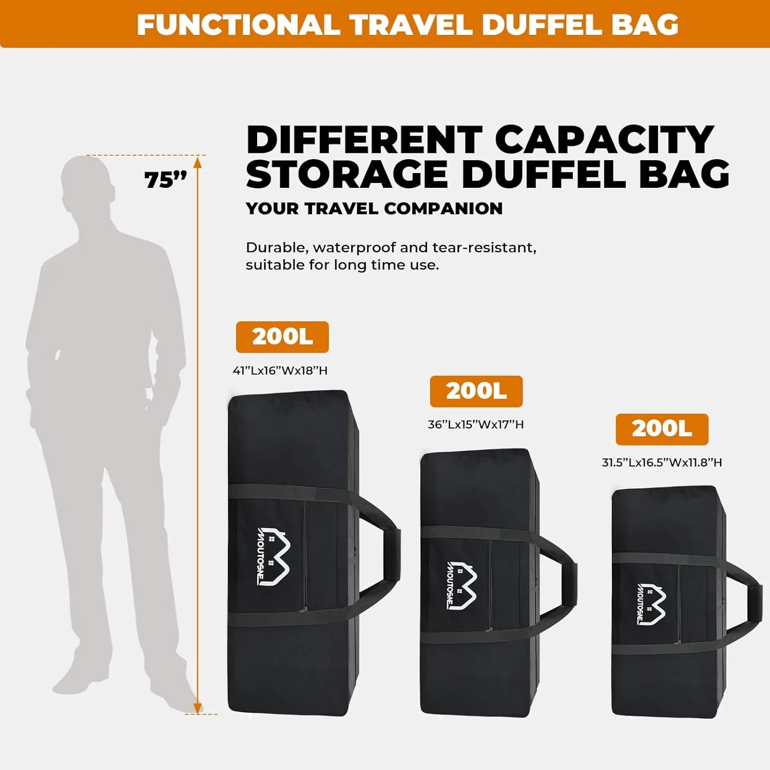 Extra Large Duffle Bag for Travel, 150L Camping Sports Equipment Storage, Waterproof Foldable Luggage Bag with Padded Handles (Black)
