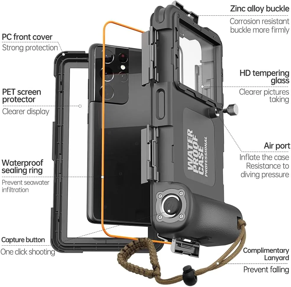 Ezanmull Waterproof Underwater Snorkeling Diving Phone Case for iPhone 16/15/14/13/12/11 Pro Max Galaxy S25/S24/S23/S22，[50ft/15m] Professional Scuba Diving Case Underwater Photo Video Cover - Black