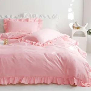 Faincy Pink Ruffle Full Size Comforter Set, Ruffled Preppy Decor Down Alternative Bed Sets - 80 x 90 3PC Soft Microfiber Duvet Farmhouse Vintage Shabby Chic Rustic Bedding in a Bag for Women Men
