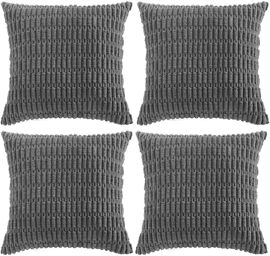 Fancy Homi 4 Packs Dark Grey Decorative Throw Pillow Covers 18x18 Inch for Living Room Couch Bed, Rustic Modern Farmhouse Boho Home Decor, Soft Plush Corduroy Cute Accent Square Cushion Case 45x45 cm