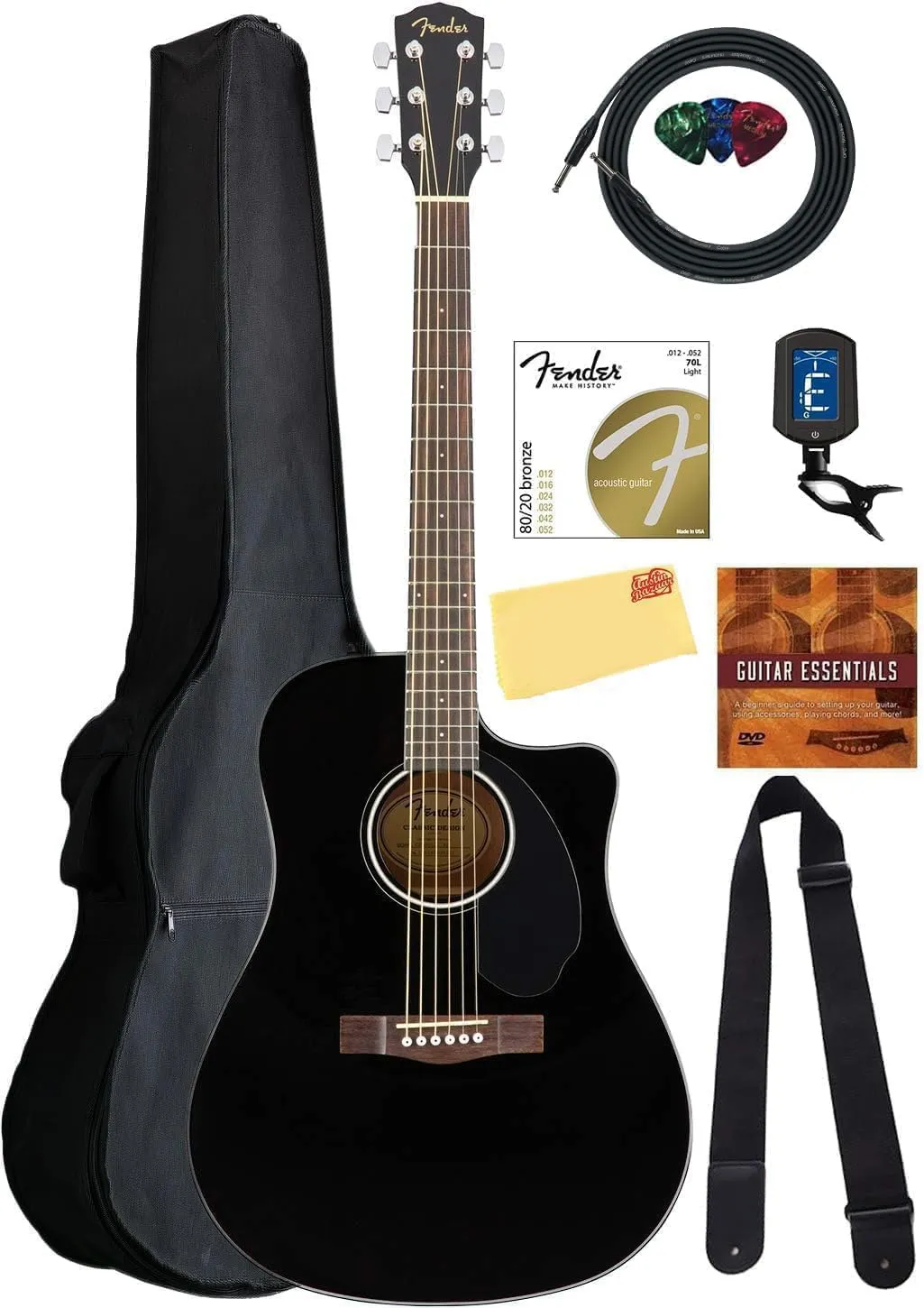 Fender CD-60SCE Solid Top Dreadnought Acoustic-Electric Guitar - Black Bundle with Gig Bag, Cable, Tuner, Strap, Strings, Picks, Austin Bazaar Instructional DVD, and Polishing Cloth