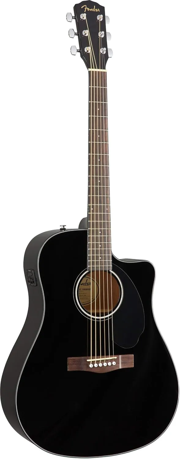 Fender CD-60SCE Solid Top Dreadnought Acoustic-Electric Guitar - Black Bundle with Gig Bag, Cable, Tuner, Strap, Strings, Picks, Austin Bazaar Instructional DVD, and Polishing Cloth