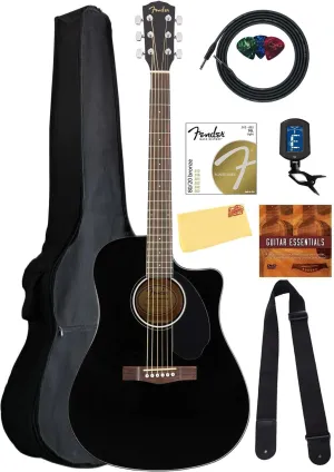 Fender CD-60SCE Solid Top Dreadnought Acoustic-Electric Guitar - Black Bundle with Gig Bag, Cable, Tuner, Strap, Strings, Picks, Austin Bazaar Instructional DVD, and Polishing Cloth
