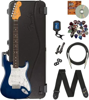 Fender Cory Wong Stratocaster - Sapphire Blue Transparent Bundle with Deluxe Case, Cable, Capo, Tuner, Strap, Strap Blocks, Picks, Fender Play Online Lessons, and Austin Bazaar Instructional DVD