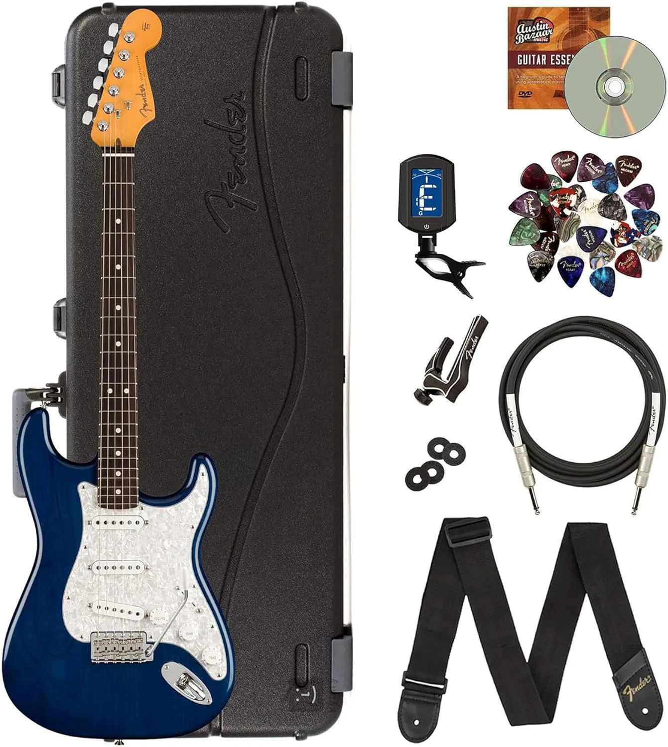 Fender Cory Wong Stratocaster - Sapphire Blue Transparent Bundle with Deluxe Case, Cable, Capo, Tuner, Strap, Strap Blocks, Picks, Fender Play Online Lessons, and Austin Bazaar Instructional DVD