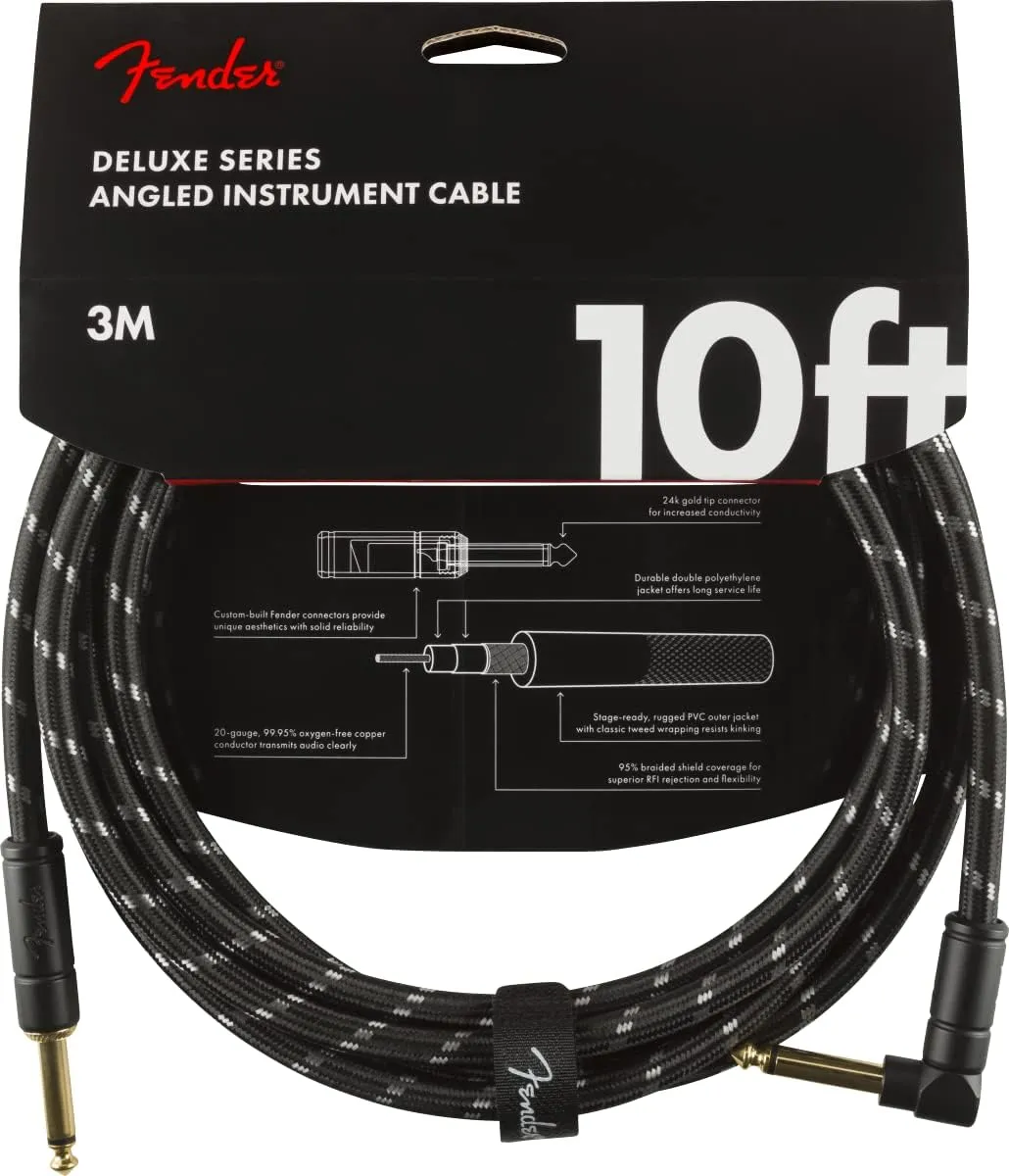 Fender Deluxe Series Instrument Cable, Guitar Cable, Guitar Accessories, Straight/Angle, Black Tweed, 10ft