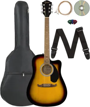 Fender FA-125CE Dreadnought Cutaway Acoustic-Electric Guitar - Sunburst Bundle with Gig Bag, Strap, Strings, Picks, Fender Play Online Lessons, and Austin Bazaar Instructional DVD