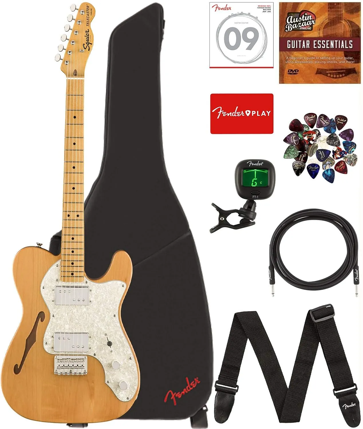 Fender Squier Classic Vibe '70s Telecaster Thinline - Natural Bundle with Gig Bag, Tuner, Strap, Picks, Strings, Instrument Cable, and Austin Bazaar Instructional DVD