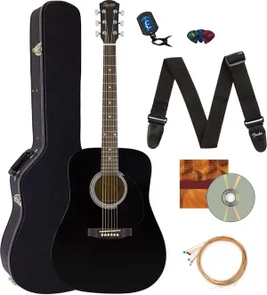 Fender Squier Dreadnought Acoustic Guitar - Black Bundle with Hard Case, Tuner, Strap, Strings, Picks, and Austin Bazaar Instructional DVD