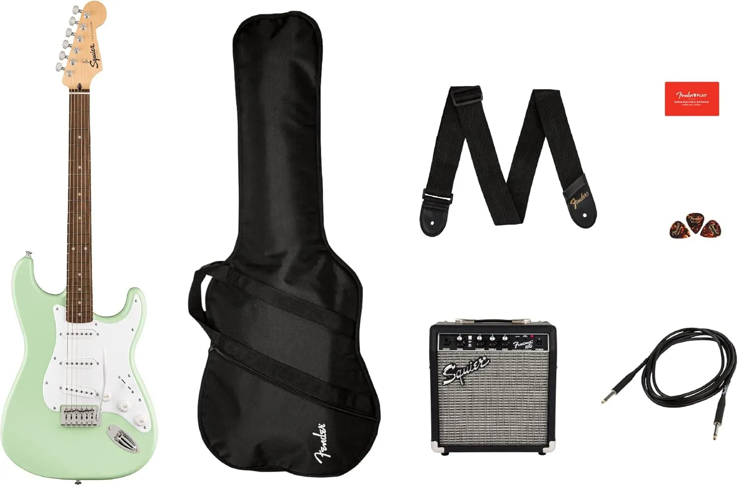 Fender Squier Sonic Stratocaster - Surf Green Bundle with Frontman 10g Amp, Gig Bag, Cable, Strap, Tuner, Fender Play, Picks, and Austin Bazaar Guitar DVD