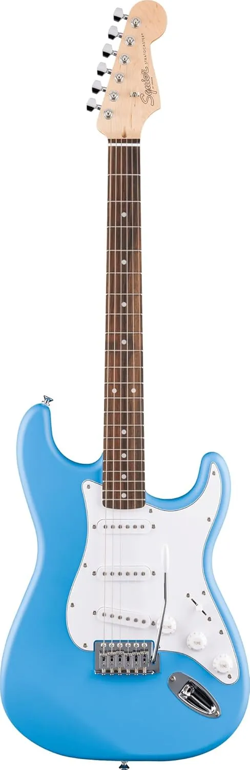 Fender Squier Stratocaster - California Blue Bundle with Frontman 10G Amplifier, Gig Bag, Strap, Instrument Cable, Picks, and Austin Bazaar Instructional DVD